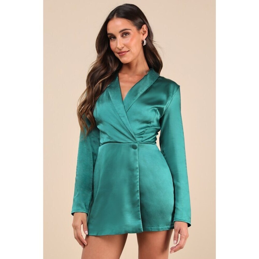 Lulus Elevated Persona Emerald Green Satin Collared Skort Romper - Size S